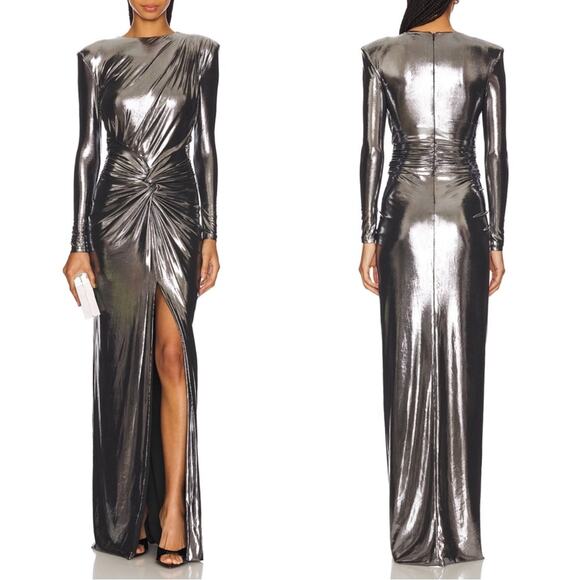 Retrofete Fenella Long Sleeve Ruched Twist Metallic Gunmetal Maxi Dress Size S - Picture 2 of 10